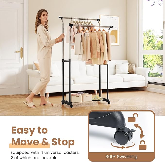 COSTWAY Double Rod Clothing Rack, Rolling Garment Rack with Shelf, Wheels, Adjustable Height Heavy Duty Metal Clothes Racks for Hanging Clothes for Dressing Room, Laundry, Living Room