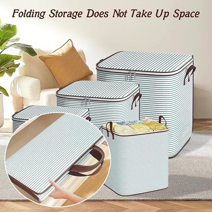 Large Clothes Storage Bins, 4 Pack Foldable Blanket Storage Bags, Storage Containers for with Reinforced Handle and Zippers for Bedroom, Closet, Comforters, Pillows, Toys