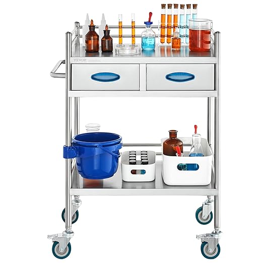 VEVOR Lab Serving Cart Utility Cart Stainless Steel Medical Cart with Two Drawers for lab Equipment Use Grade I Stainless Steel Utility Services (2 Shelves/ 2 Drawer)