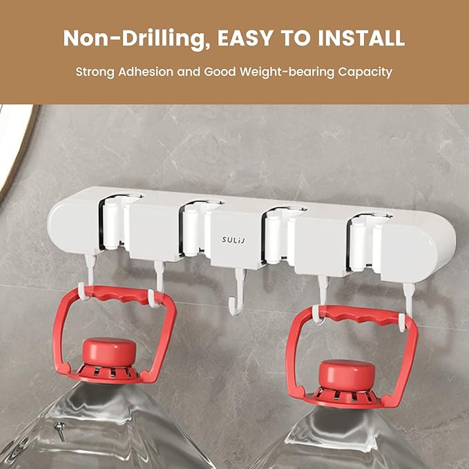 2Pcs Broom Holder Wall Mount, No-Drilling Self-Adhesive Mop and Broom Storage Rack with Hooks (4 Racks with 5 Hooks), Wall-Mounted Broom Hanger for Bathroom, Kitchen, Closet, Garage, White ﻿