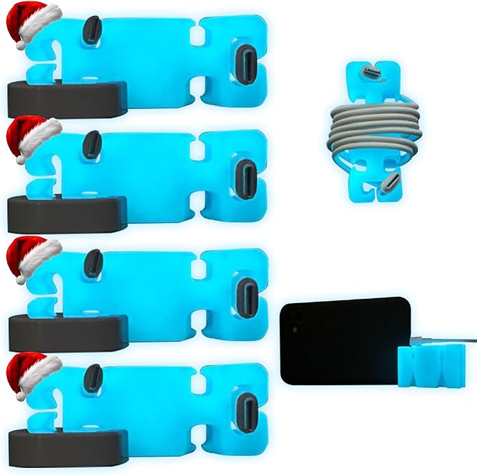 GlowBrick Stocking Stuffers for Adults Cord Management Weighted Cord Holder Cable Wrap Phone Stand - Glow-in-The-Dark Gadget Organizer for Nightstand. Gift for Men, Silicone. 4pk Glowing Blue