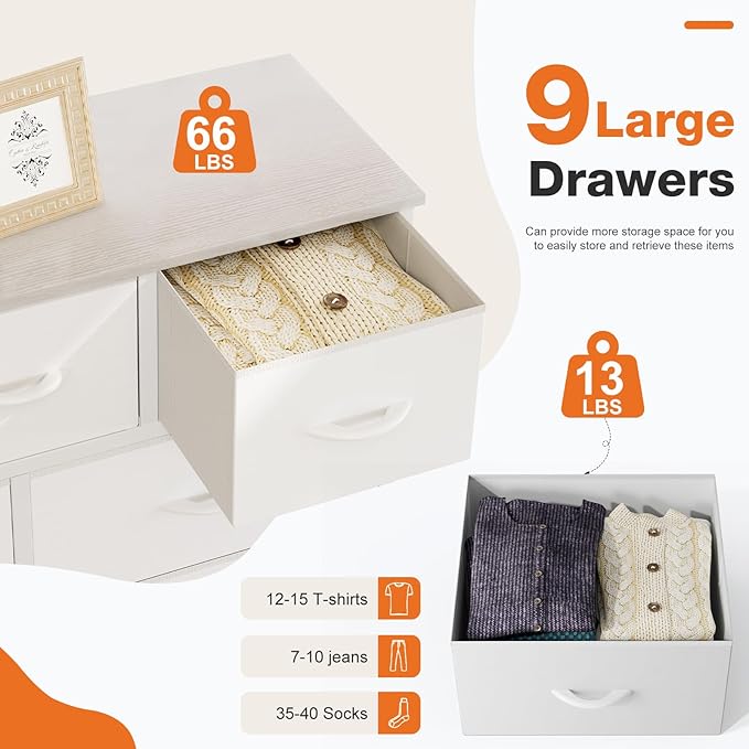 Sweetcrispy 9-Drawer Fabric Dresser Storage Tower with Wood Top and Steel Frame, Organizer Chest with Easy Pull Handles for Bedroom, Closet, Hallway,Pure White