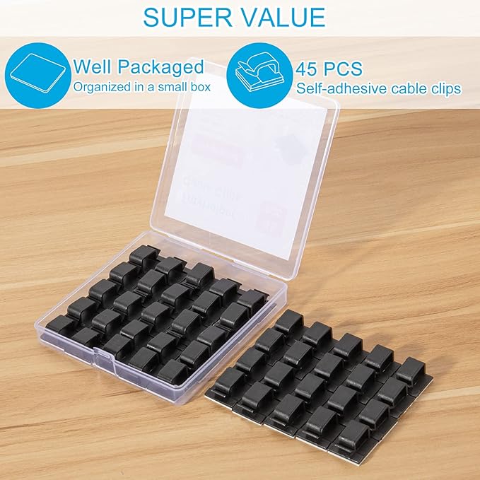 Large Adhesive Cable Clips (45 PCS, Black), Upgraded Wire Clips For Electric Wires, Cord Clips Adhesive Wire Holders For Cable Management Under Desk, Car, Wall, Extension Cord, Ethernet Cable, TV-Coax