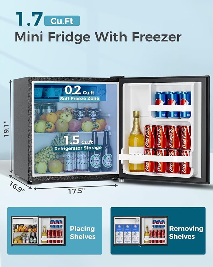Small Fridge with Freezer - 1.7 Cu.Ft Single Door Mini Fridge with Adjustable Thermostat, Energy Saving, Low Noise, Small Refrigerator for Bedroom, Office, Dorm, Apartment, Classroom - Black