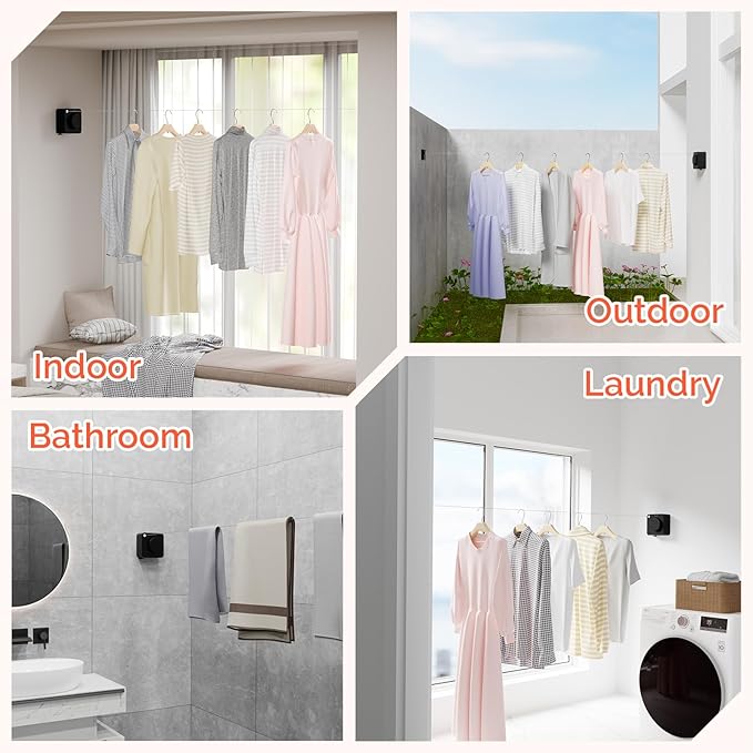 Retractable Clothesline Indoor, Non-Sagging Outdoors Clothesline Retracting, Heavy Duty Retractable Clothes Drying Laundry Line, Wall Mounted Stainless Steel Line - 13.8 Ft (Black)