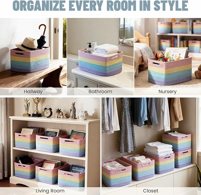 5 Pack Rainbow Woven Storage Baskets for Shelves, Decorative Toy Baskets Organizer for Kids Room, Nursery, Playroom, Classroom – Colorful Cotton Rope Toy Storage Bins for Organizing & Decor