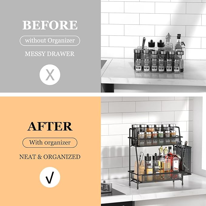 2-Tier Bathroom Counter Organizer, Bathroom Organizer Countertop with Side Basket, Kitchen Countertop Organizer, Metal Spice Rack Organizer, BLACK..