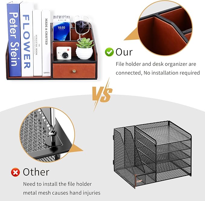 GORESE PU Leather Desk Organizer with Magazine File holder, Drawer and 4 Compartments, Office Workspace Organizers and Accessories, Large Desktop Organization with File Rack Pen Holder - Tan Brown