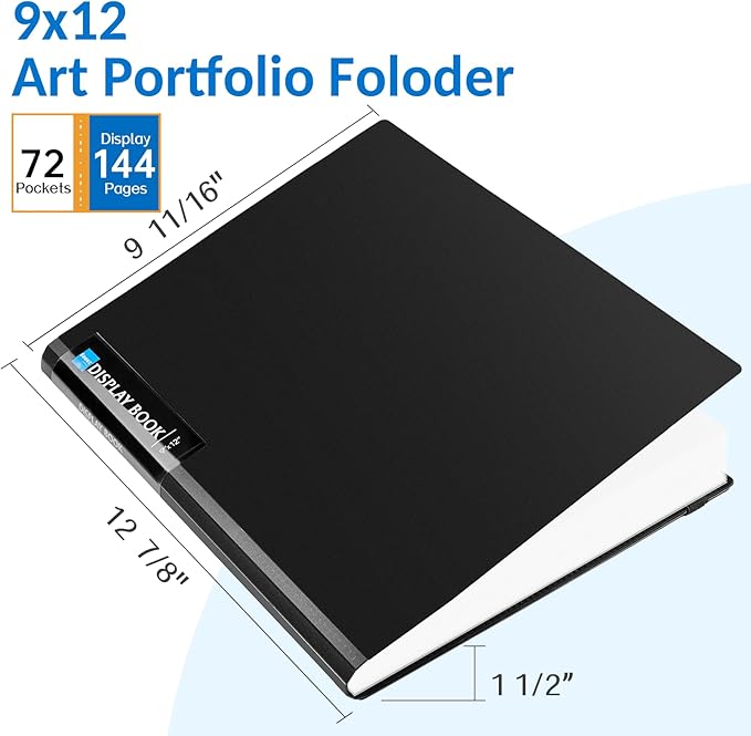 Sooez Art Portfolio 9"x12", 72 Pockets Large Portfolio Folder Display 144 Pages, Heavy Duty Binder with Plastic Sleeves&Elastic Band, Presentation Book with Clear Sheet Protector for Artwork Organizer