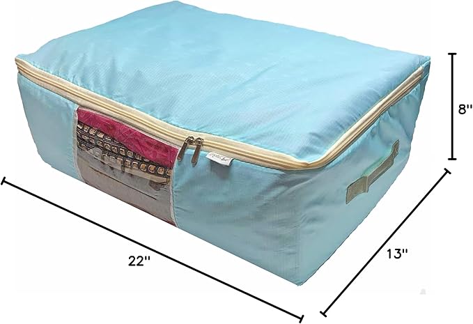 Madam Sew Quilt Blanket Storage Bag|Blanket Organizer|Comforter Storage for Clothes, Quilts, Bedding|Linen Bag Storage with Visible Front Panel, Strong Handles & 2-Way Zipper - Turquoise 22x15x8"