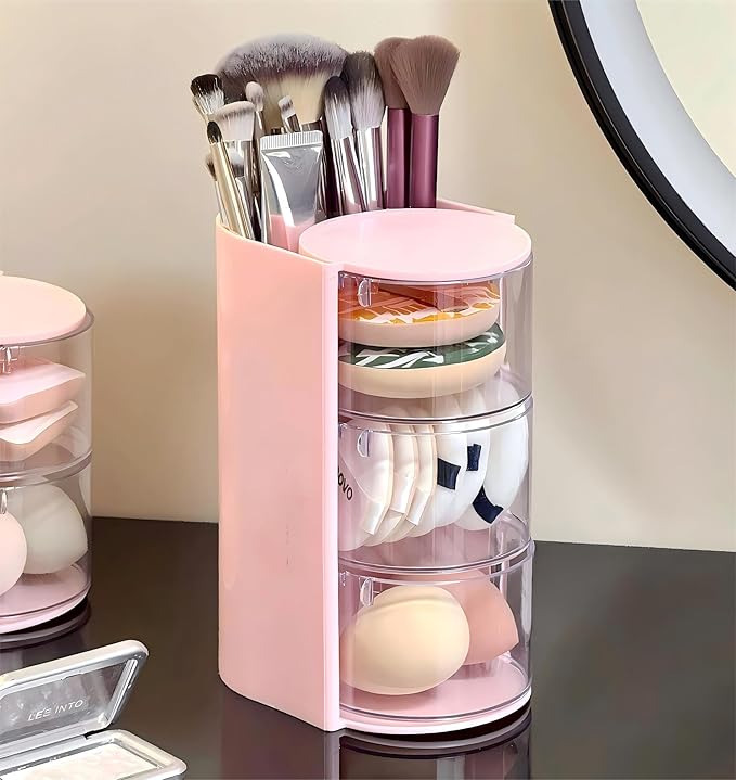 Hair Accessories Organizer with Hair Brush Holder, Rotatable Makeup Brush Holder for Necklaces, Earring, Bracelet, Ring, Makeup Brushes, Hair Clip and Hair Accessories (Pink, 3-Layer)