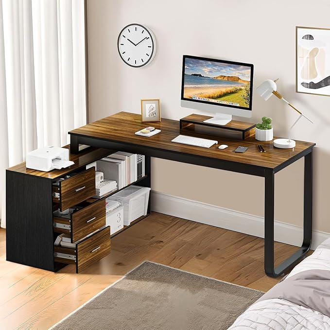 55 Inch L Shaped with Storage Shelves, Corner Computer Desk with Drawers, Home Office Desk with Removable Monitor Stand, Study Desk for Kids, Black