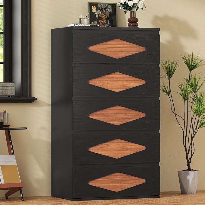 Tall Dresser for Bedroom, 5 Chest of Wooden Drawers, Vintage Dresser, Closet Storage Dressers Organizer for Bedroom, Living Room, Hallway (Black+Brown)