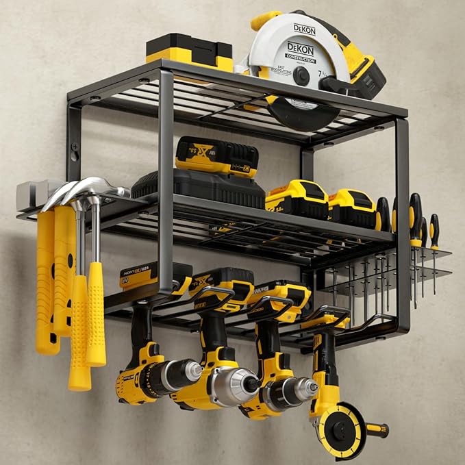 YYR Heavy Duty Power Tool Organizer Wall Mount, Cordless Drill Hanger Storage Rack, Battery Tools Holder with Charging Station Shelf for Garage Organization, Workshop, Pegboard, Shed - 16 Inch 4 Slots