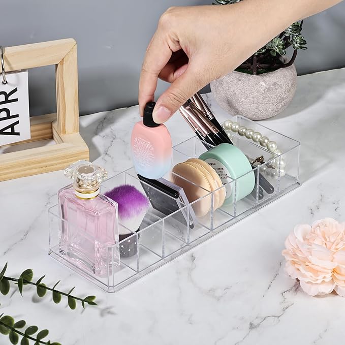 Acrylic Makeup Brush Organizers,2 Pack 8 Section 8 Compartments Transparent Plastic Lipstick Holder Clear 9.96x3.46x1.81 Inches Storage Square Cube for Bathroom Jewelry Accessories