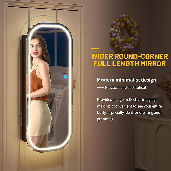 LVSOMT LED Mirror Jewelry Cabinet, Wall/Door Mount Jewelry Mirror Organizer, Rounded Full Length Mirror with Storage, Lockable Jewelry Armoire, 16" Wide, Foldable Shelf, Interior Mirror, Black