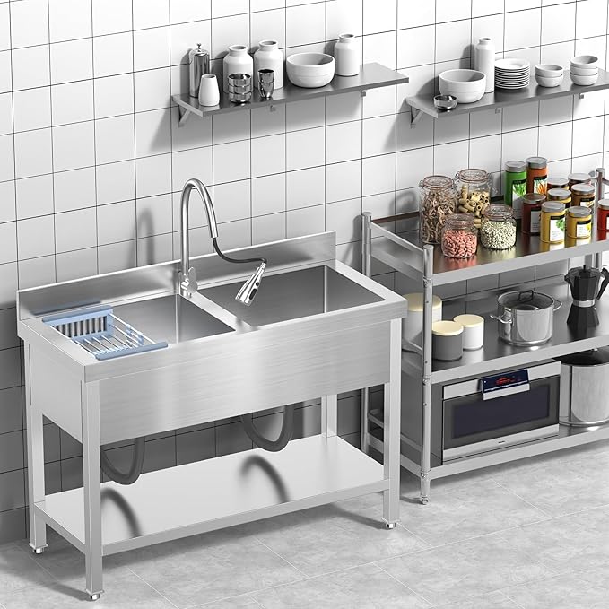 Stainless Steel Utility Sink Commercial Stainless Steel Double Bowl Utility Sink with Faucet, Drainboard & Lower Shelf - Heavy Duty Kitchen Prep & Cleaning Station for Restaurant, Garage, Laundry Room