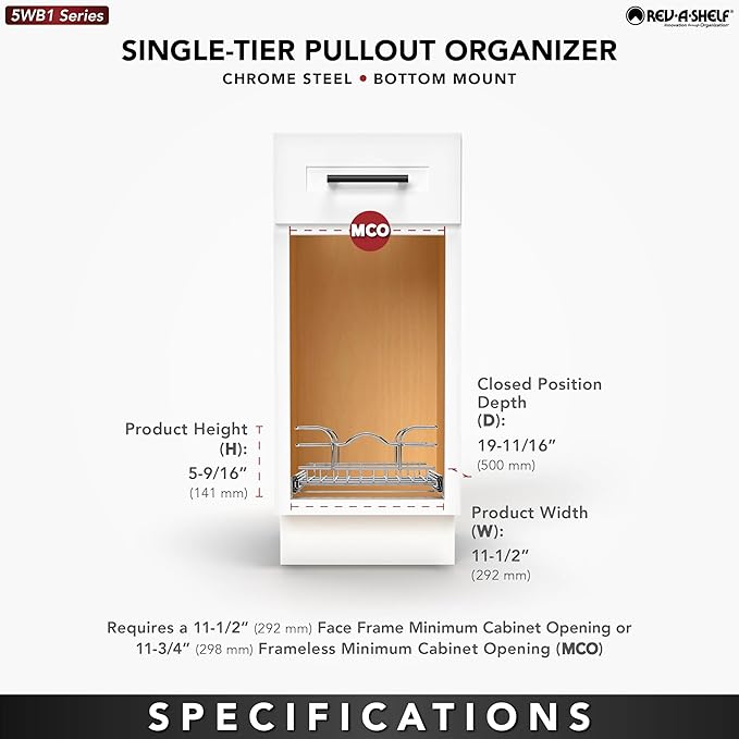 Rev-A-Shelf Kitchen Cabinet Pullout Shelf and Drawer Organizer Slide Out Pantry Storage Basket in Multiple Sizes, 12 x 20 In, 5WB1-1220CR-1