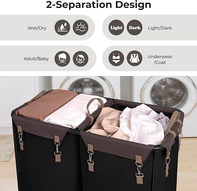 StorageWorks 280L Large Lanudry Hamper with Wheels, Laundry Basket with Wheels 2 Sections, Clothes Sorter Cart with Divider for Hotel, Home, Black, 1-Pack