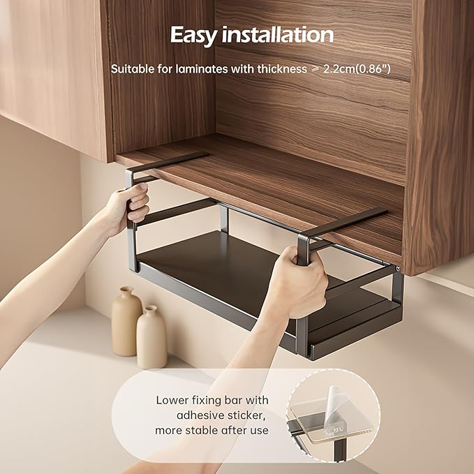 Hanging Under Shelf Storage Basket, Adjustable Width Under Cabinet Add-on Storage Racks, Heavy Duty Slide-in Baskets Organizer for Cabinet Pantry Kitchen, 1 Pack, 8.46"D x 10.6"W x 7.36"H