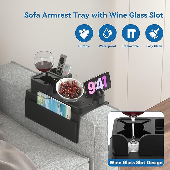 Couch Arm Cup Holder CLESOO Couch Arm Tray Anti-Slip Couch Cup Holder Silicone Sofa Armrest Tray Dual Side Pocket Couch Drink Holder Sofa Caddy Arm Remote Holder Snack Caddy with Phone Holder Black