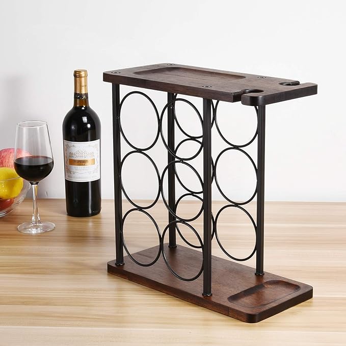 ALLCENER Wine Rack with Glass Holder, Countertop Wine Rack, Wooden Wine Holder with Tray, Perfect for Home Decor & Kitchen Storage Rack etc (Hold 6 Bottles and 2 Glasses)