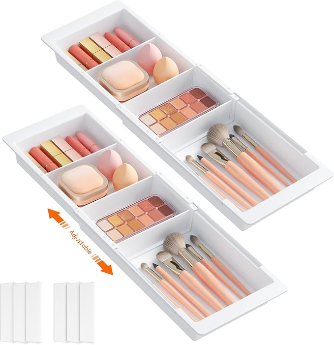 Lifewit 2 Pack Sliding Makeup Drawer Organizer Trays with Inserts, Extendable Hanging Desk Drawer Divider, Fits 13-20" Deep Drawers, 1.8" High Plastic Organizer Tray for Vanity, Office, Kitchen, White