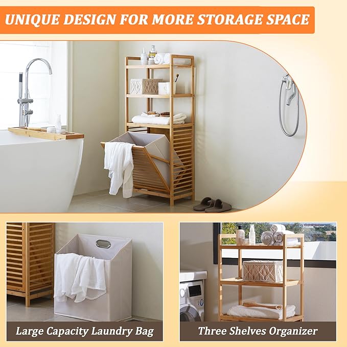 Bamboo Laundry Hamper with 3 Tier Shelves & Tilt Out Basket, Laundry Baskets Organizer Hampers Bathroom Storage Shelf for Laundry Room, Bathroom, Guest Room（3-Tier, Large）