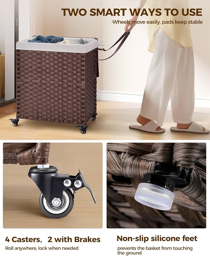 Greenstell Laundry Hamper with Wheels, No Install Needed, 110L Divided Handwoven Hampers & 2 Removable Liner Bags, Rattan Clothes Laundry Basket with Lid & Handles, Foldable Hampers Brown 22x13x26.4In
