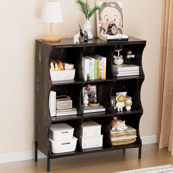 9 Cube Storage Shelf Organizer, Low Book Shelf Bookcase Entryway Table, Wood Closet Storage Display Cabinet TV Stand for Living Room, Office,Bedroom, Dorm, Dark Brown with Dark Brown Top