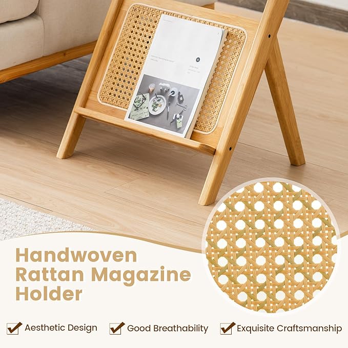 GOFLAME Rattan Side Table, Z-Shaped End Table with Tempered Glass Top, Magazine Rack, Boho Night Stand, Small Coffee Table, Bamboo Accent Bedside Table for Living Room, Bedroom, Natural