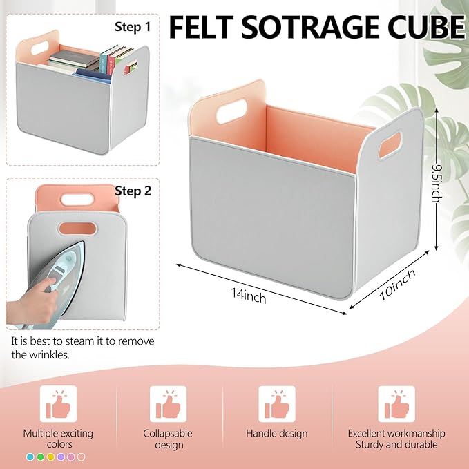 6 Pcs 14x10 Inch Colorful Felt Rectangular Storage Bins Collapsible Storage Basket with Handle for Shelves Closet Bedroom Office Clothes Book Holiday Christmas Stuff Organizer(Gray-macaron)