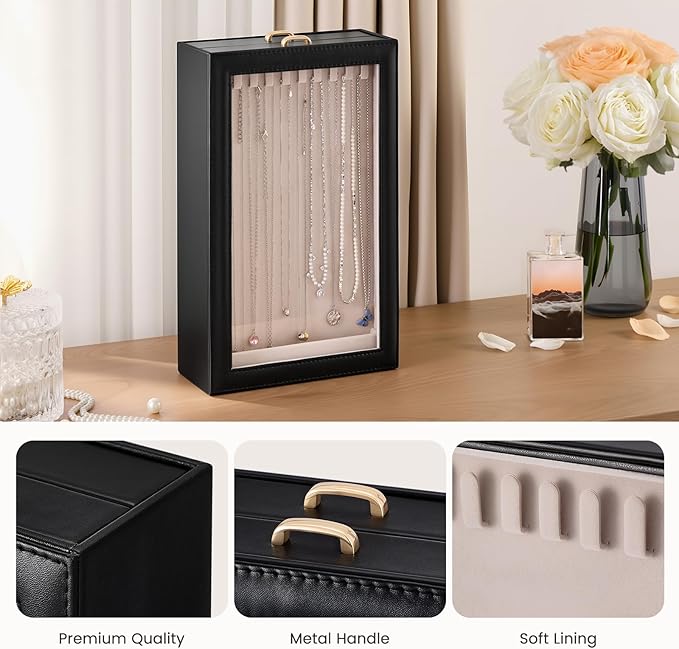 Lolalet Necklace Organizer Box, 2-Layer Jewelry Storage Boxes with Clear Lid for Necklaces, Tangle-Free Necklace Display Case for Women Girls -Black