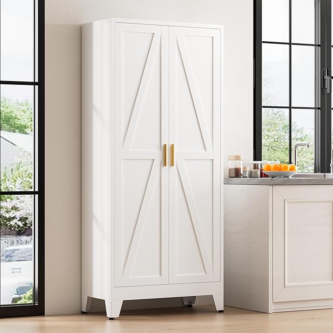 71" Tall Metal Pantry Cabinet, Kitchen Storage Cabinet with 2 Doors and 4 Adjustable Shelves for Kitchen, Living Room, Dining Room, Bathroom and Home, Office (White, 71" H)