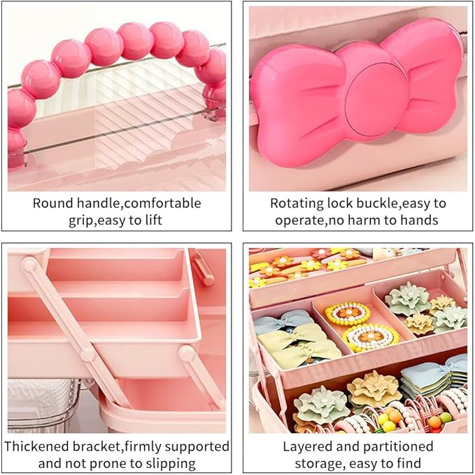 Bow Knot Hair Accessories Organizer Box Cute Dust Proof Childrens Jewelry Storage Box 3 Layers Plastic Storage Box for Hair Clips,Headbands,Hair Bands,Jewelry,Etc