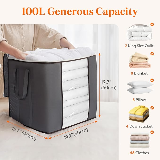 Lifewit 100L Extra Large Blanket Storage Bags, Foldable Comforter Storage with Reinforced Handles, Clothes Storage Containers for King Comforter, Bedding, Pillow, Sheet, Storage Bin with Lids 6 Pack
