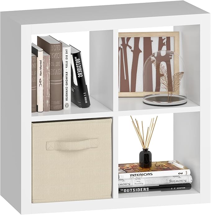 4 Cube Organizer, Cube Storage Organizer with Fabric Bin, Cube Storage Shelf for Bedroom, Living Room, Office, Modular Bookshelf Organizer for Books, Closet, White