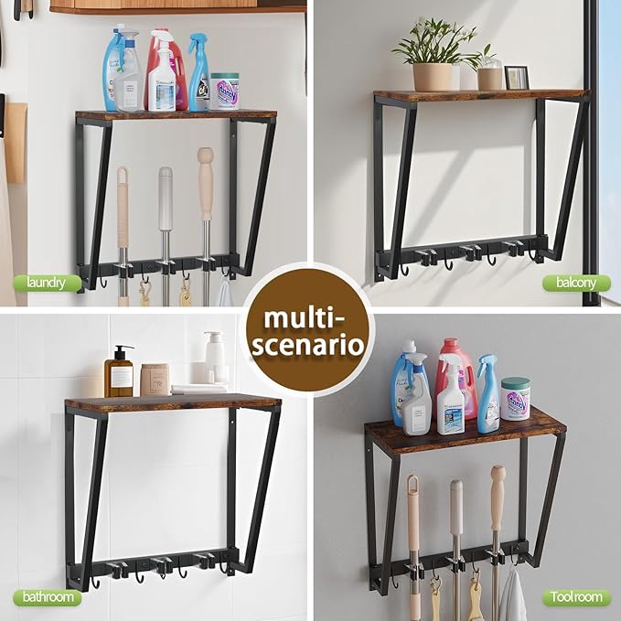 Wall-mounted broom and mop storage rack, equipped with mop, broom hanger and grab hooks for cleaning supplies, suitable for kitchens, laundry rooms, garages, utility rooms, closets, etc.