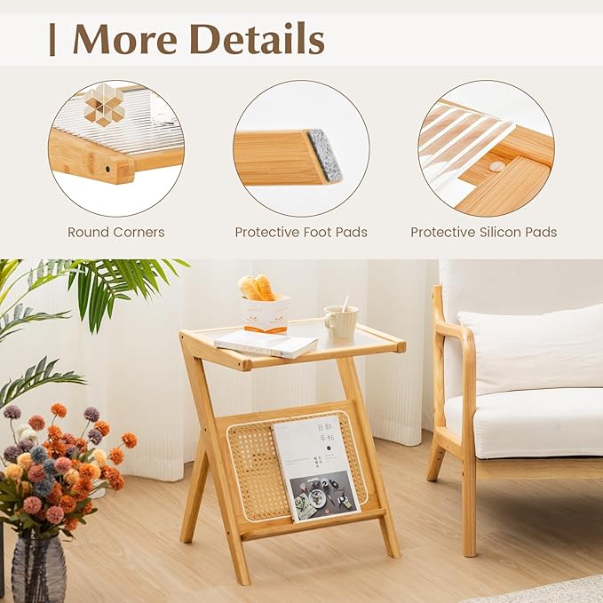 Giantex Rattan Side Table, Boho Nightstand with Glass Top & Magazine Rack, End Table with Storage, Bamboo Bedside Table for Small Space Living Room Bedroom (Natural,1)