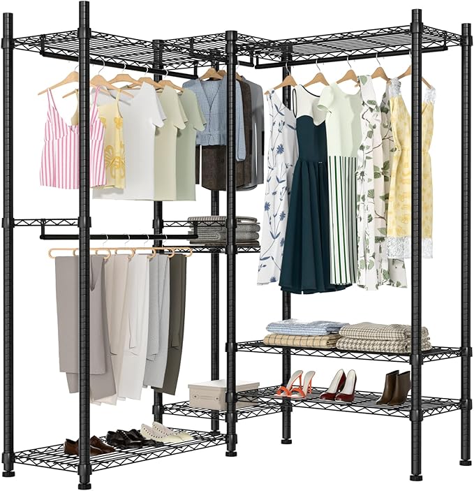 Garment Rack Heavy Duty Clothes Rack Adjustable Freestanding Metal Portable Wardrobe Closet Rack with Shelves for Hanging Clothes - 72" L x 14" W x 75" H, Black