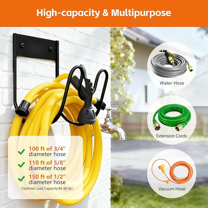 Garden Hose Holder Wall Mount, Multipurpose Outdoor Metal Hose Hanger Holders for Garden, Yard, Garage Accessories