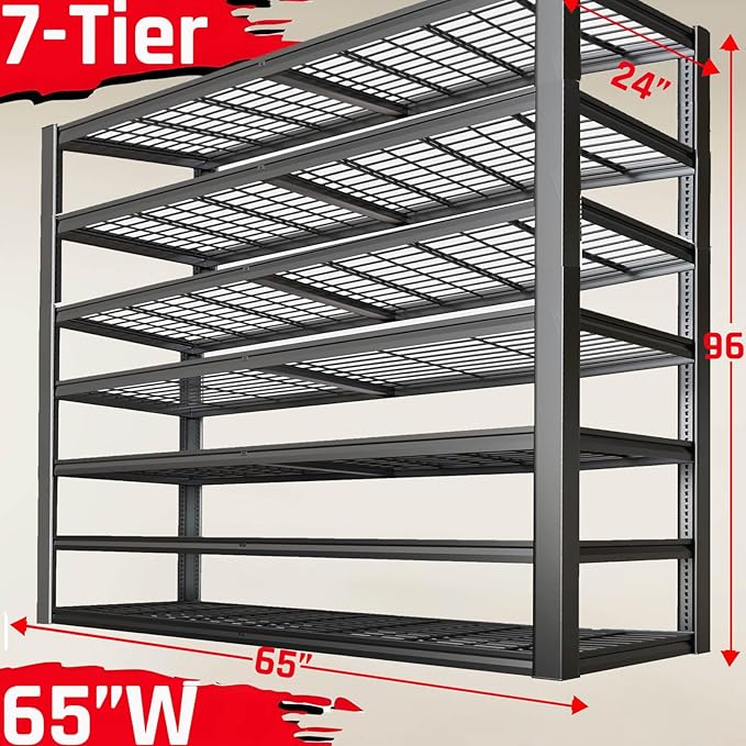 7-Tier Heavy Duty Garage Shelving Units, 65" Wide Deep Storage Shelves,Black Metal Garage Shelves,Steel Shelf,Large Storage Rack,Industrial Shelving for Shop, 65" W x 24" D x 96" H