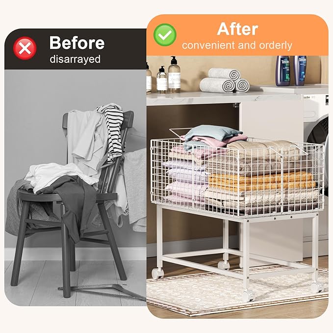 Large Rolling Laundry Basket Cart,Wire Laundry Hamper Cart with Handle and Wheels,White High Laundry Hamper for Laundry Room,Bedroom and Bathroom-120L White (29.5" L*19.7" W*27.95" H inch)