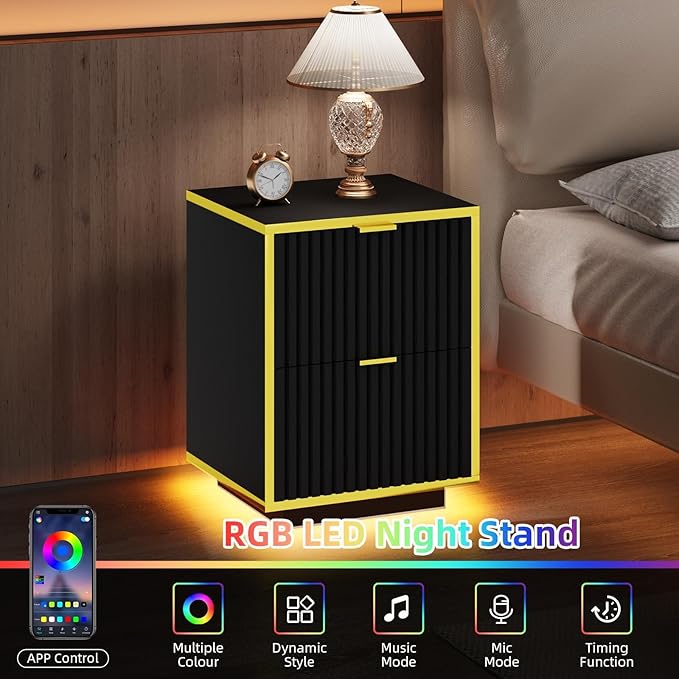 Black Nightstand Set of 2, Fluted End Table with LED, Modern Night Stand with Floating Base, Bedside Table with Storage, End Table with Drawers for Bedroom, Black and Gold