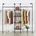Wall Mounted Industrial Pipe Heavy Duty Clothes Rack, Clothing Rods for Hanging Clothes, Freestanding Clothing Rack with 2 Hang Rods & 4 Shelves, 72.8" W x 17.7" D x 71" H