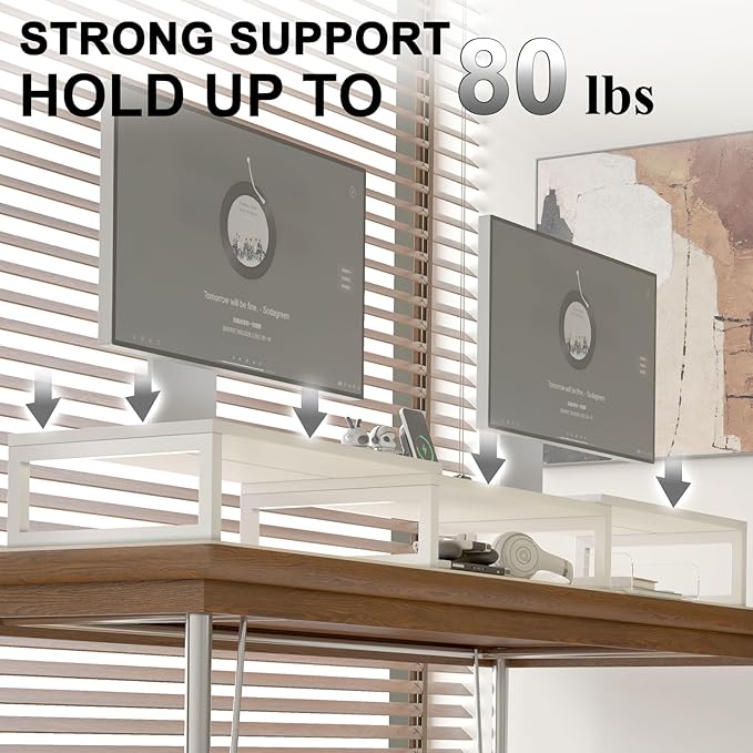 TEAMIX Desk Organizer Dual Monitor Stand Riser, Adjustable Computer Stand 45.5'' Long Desktop Shelf Office Organizer for Laptop,Printer,File,Keyboard Storage Ergonomic Design (White)