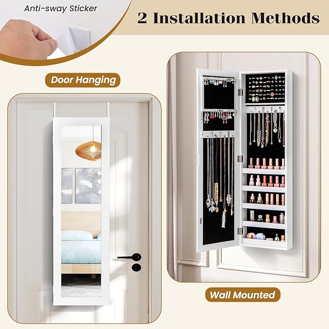 Giantex Wall or Door Mounted Jewelry Cabinet with Full Length Mirror, Over The Door Jewelry Armoire Organizer, Hanging Storage Cabinet with Necklace Hooks, Earring Slots, Ring Slots & Shelves (White)