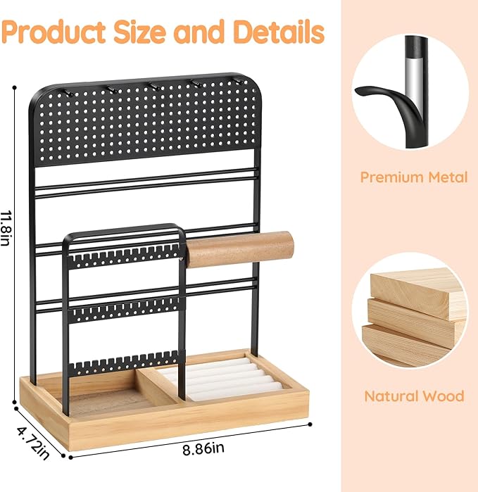 QILICHZ 5-Tier Jewelry Holder,Jewelry Organizer Stand with Tray,Wood Earring Holder Organizer,Jewellery Display for Vendors for Stud,Earring, Necklace,Bracelet, Rings,Room Decor, Black