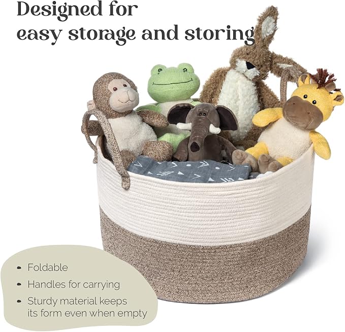 Luxury Little XXXL Nursery Storage Basket, 22 x 22 x 14 inches - 100% Cotton Rope Baskets with Handles, Laundry Basket for Toys, Blankets and Pillows - Off White & Beige