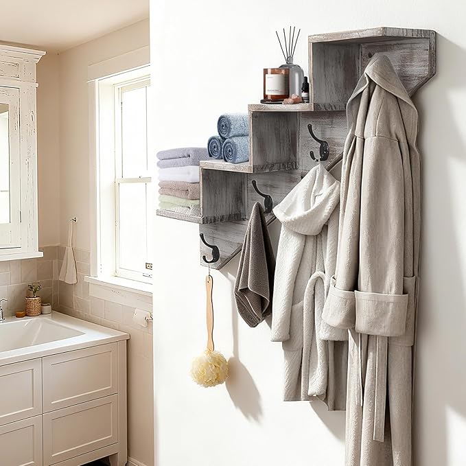 Coat Rack Wall Mount with Shelf, White Ladder Shelf with Hooks Underneath, Wall Mounted Rise Wooden shelves for Decorative, 4 Double Hooks for Hanging Coats, Keys, Books, Flowers, Planter, Towels